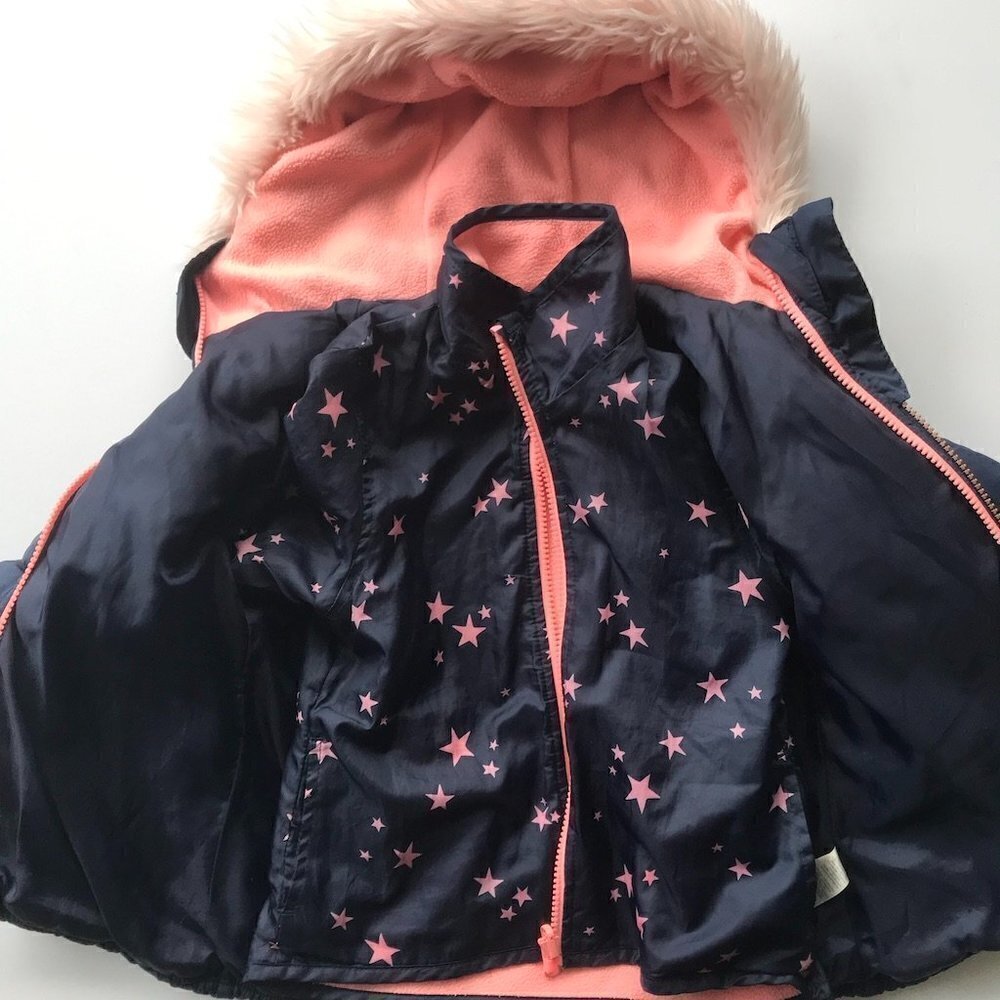 OSKKOSH Girl puffer & detachable inner reversible jacket, navy, pink Girls 4-5